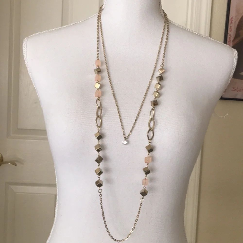 Long dual strand gold necklace with faux diamond - Picture 1 of 4
